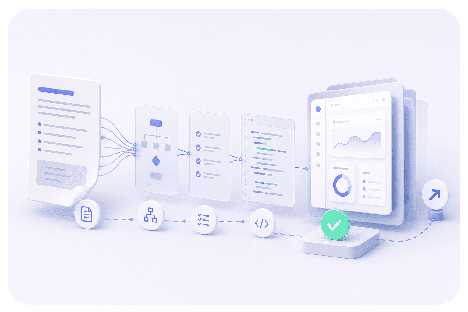 A product brief becoming connected plans, checks, code, and a verified working interface