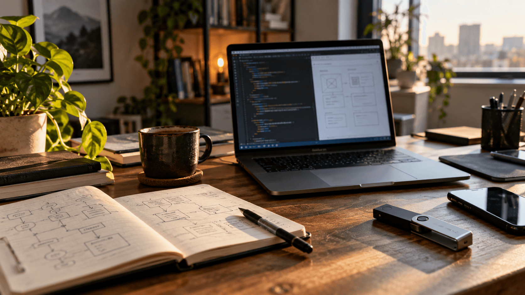 Editorial illustration of a developer planning a blockchain application at a desk