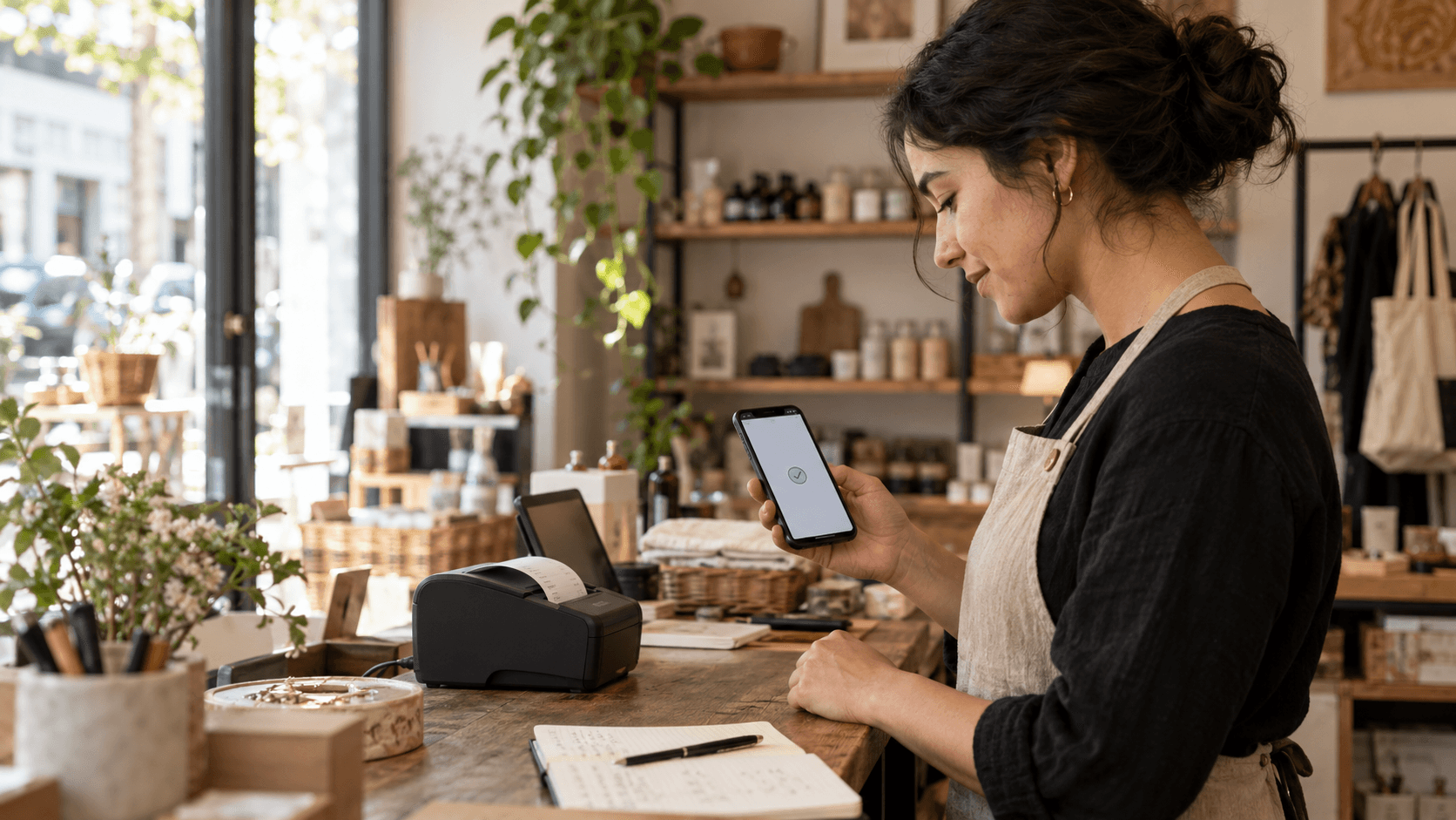Editorial illustration of a merchant planning a stablecoin checkout and payment ledger