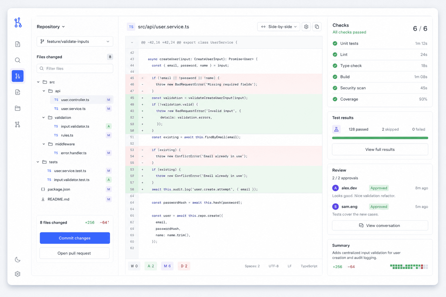 Illustrated repository review workspace with files, checks, and a side-by-side diff
