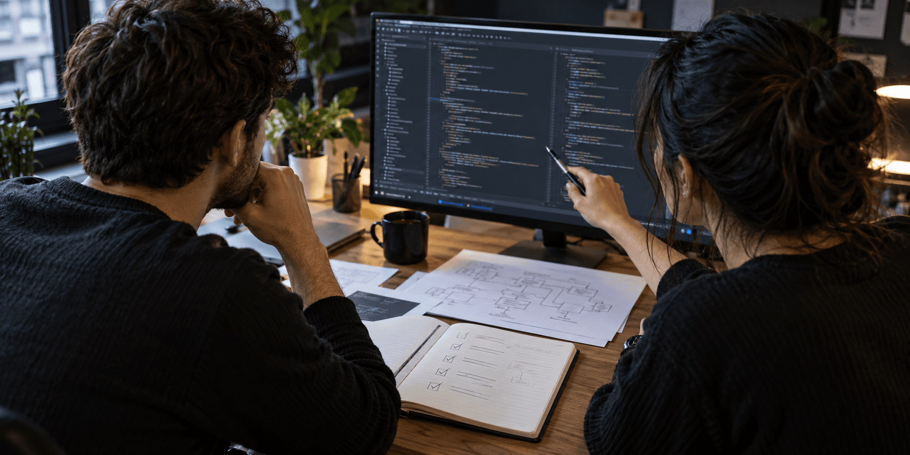 Editorial illustration of two developers reviewing smart contract code and test results