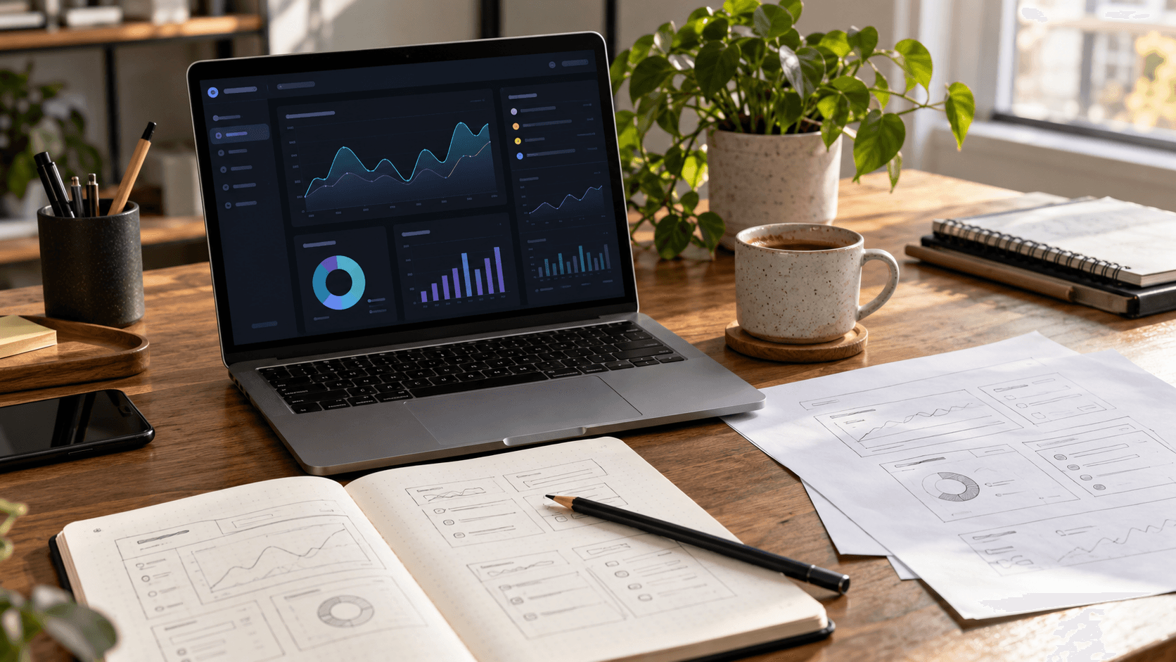 Editorial illustration of an analyst planning a crypto dashboard with data provenance and clear metrics