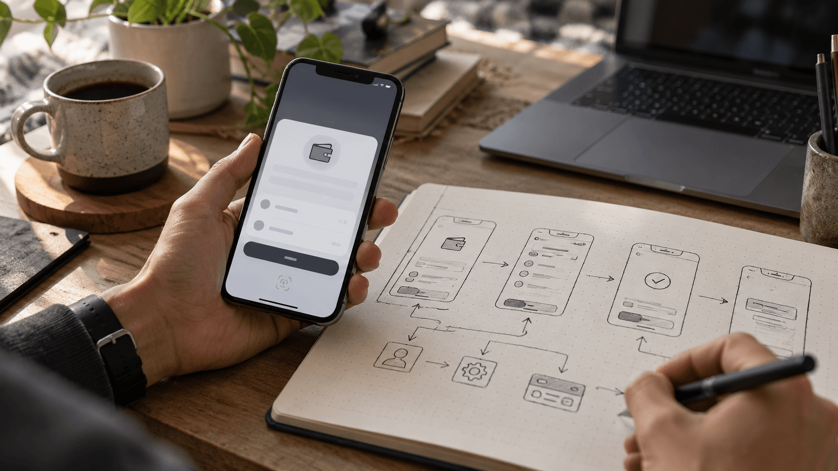 Editorial illustration of a product designer reviewing a wallet connection journey